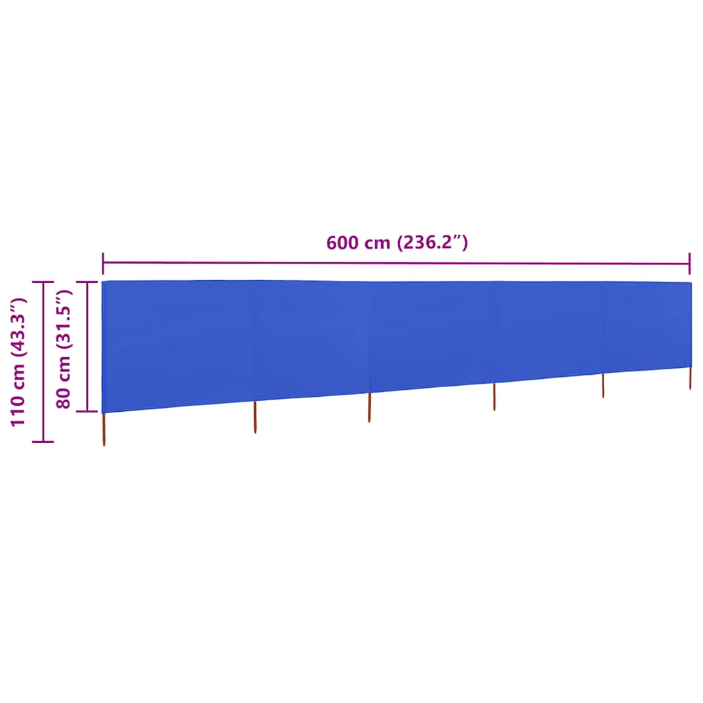 vidaXL Parawan 5-skrzydłowy z tkaniny, 600x80 cm, błękit lazur