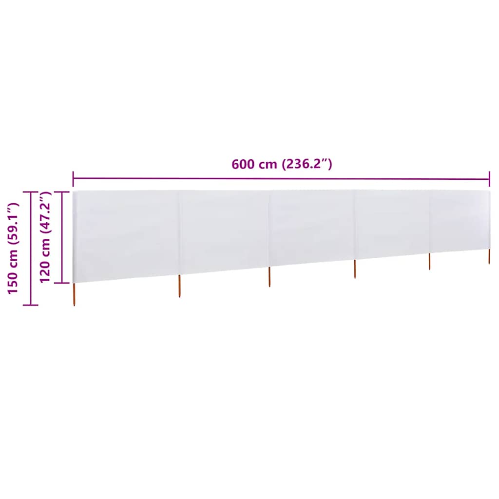 vidaXL Parawan 5-skrzydłowy z tkaniny, 600x120 cm, piaskowa biel