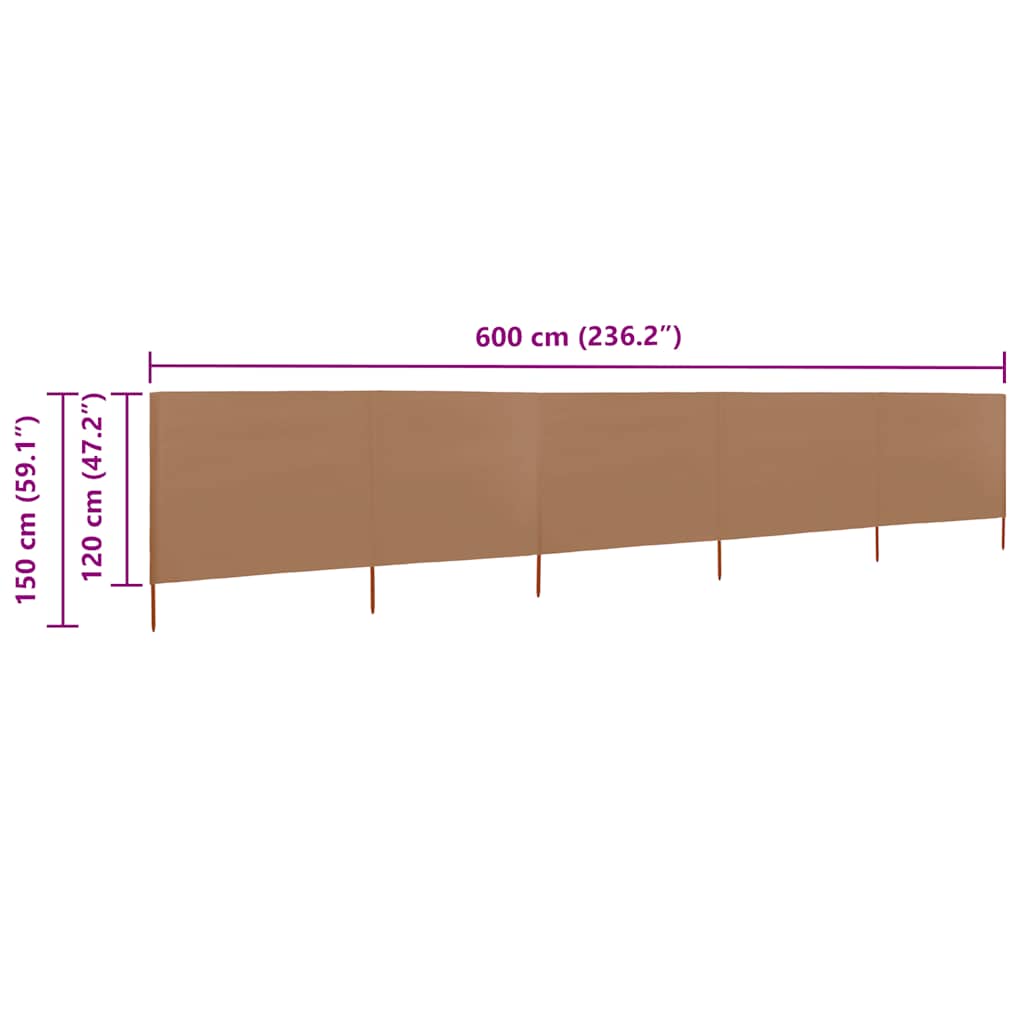 vidaXL Parawan 5-skrzydłowy z tkaniny, 600x120 cm, kolor taupe