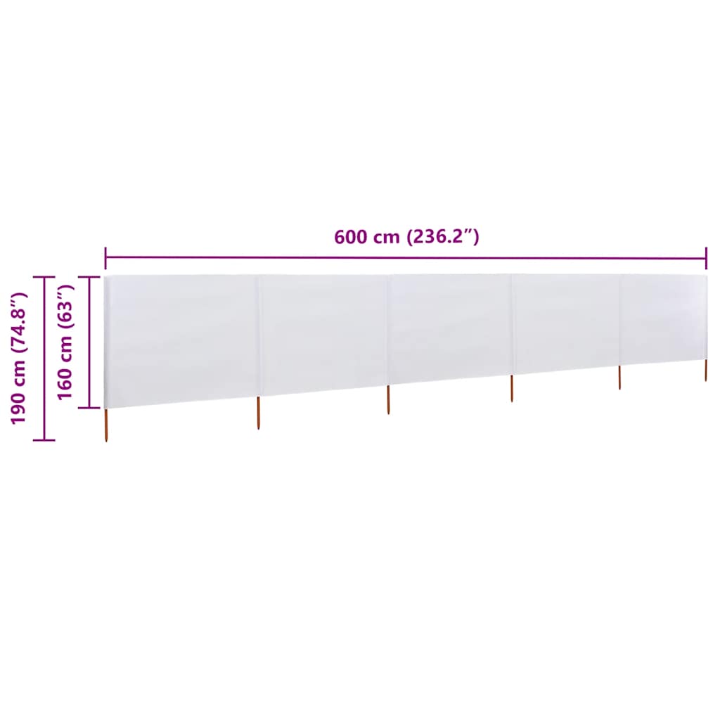 vidaXL Parawan 5-skrzydłowy z tkaniny, 600x160 cm, piaskowa biel
