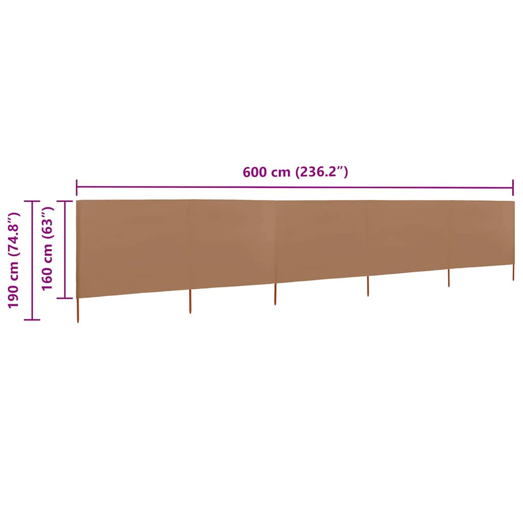 vidaXL Parawan 5-skrzydłowy z tkaniny, 600x160 cm, kolor taupe