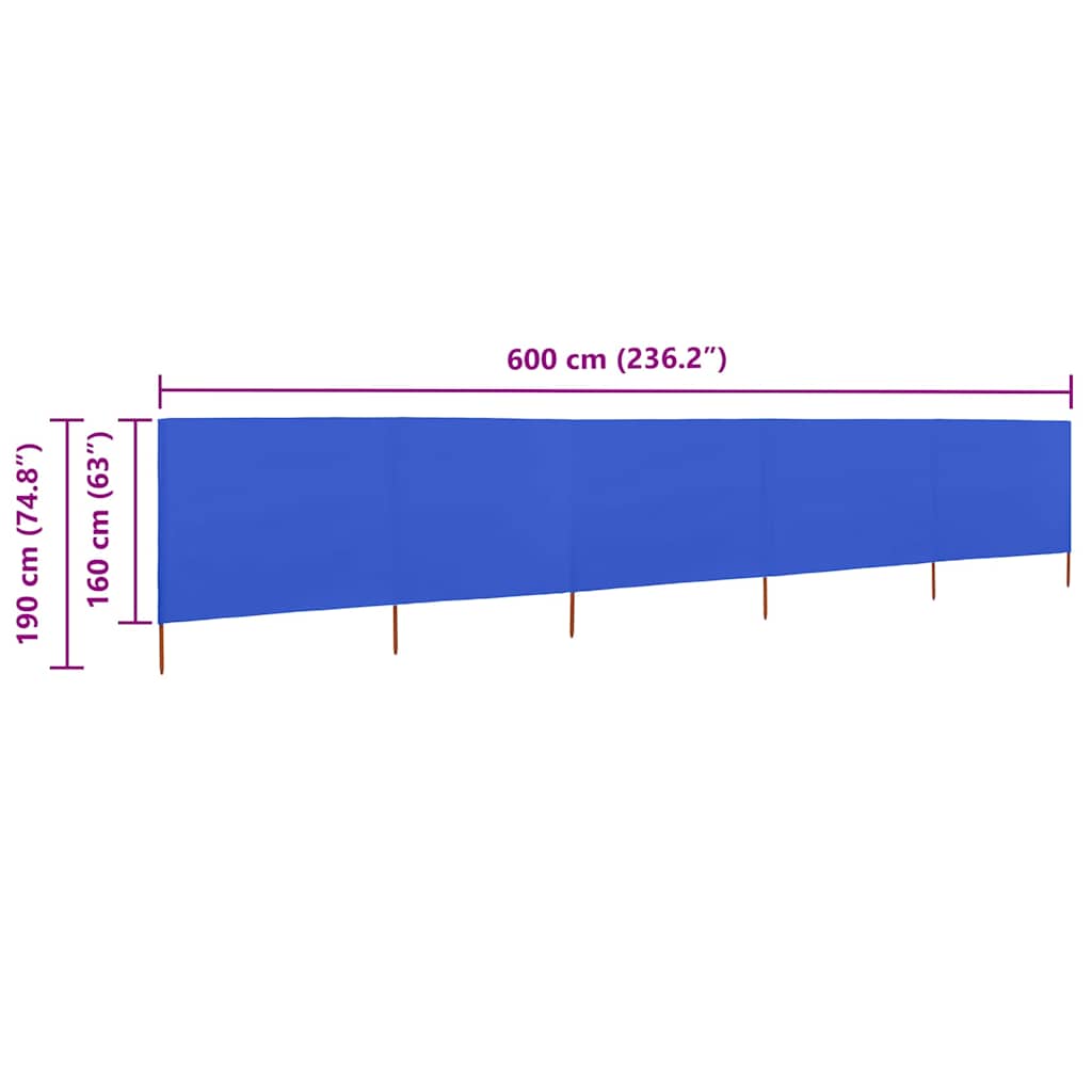 vidaXL Parawan 5-skrzydłowy z tkaniny, 600x160 cm, błękit lazur