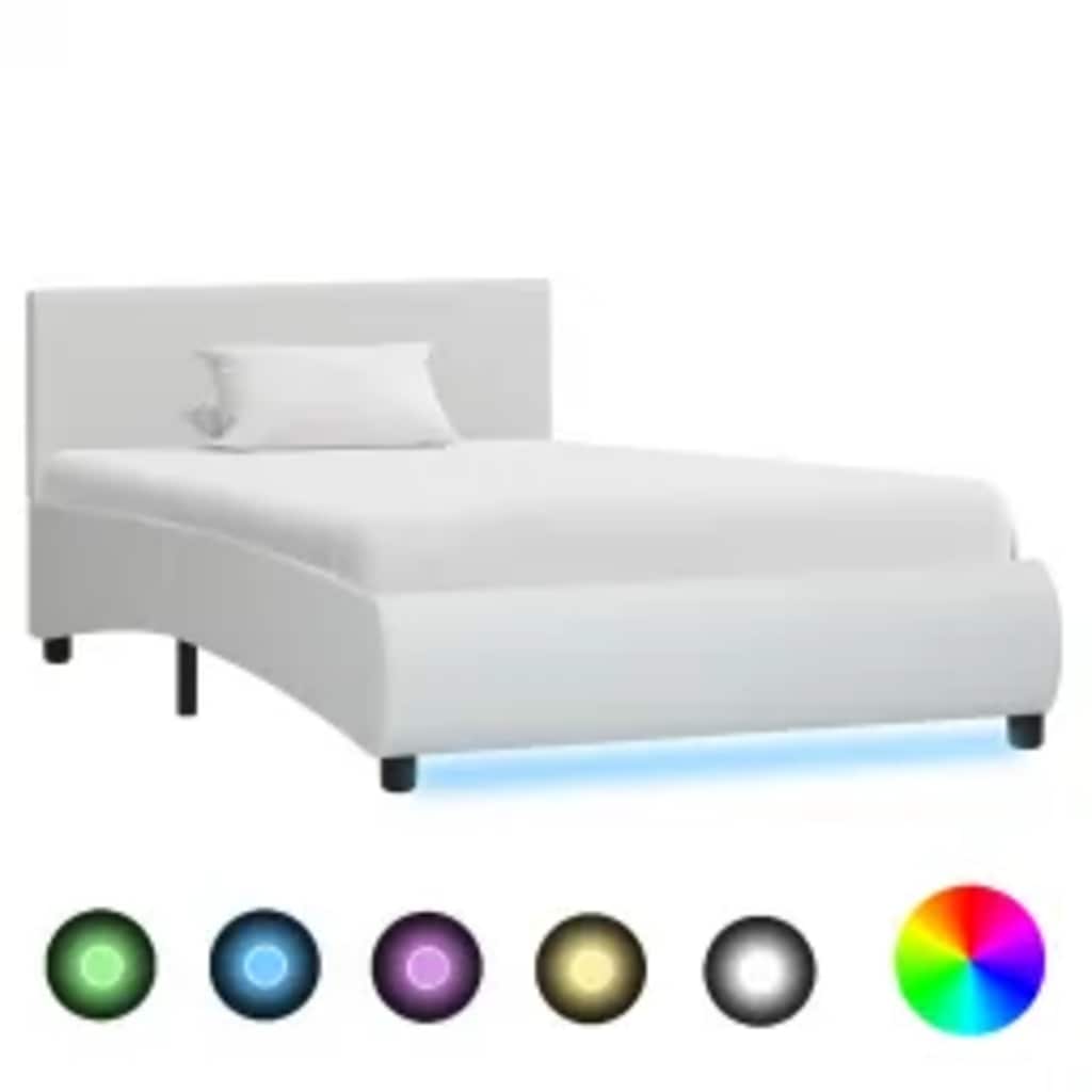 vidaXL Rama łóżka z LED, biała, sztuczna skóra, 90 x 200 cm