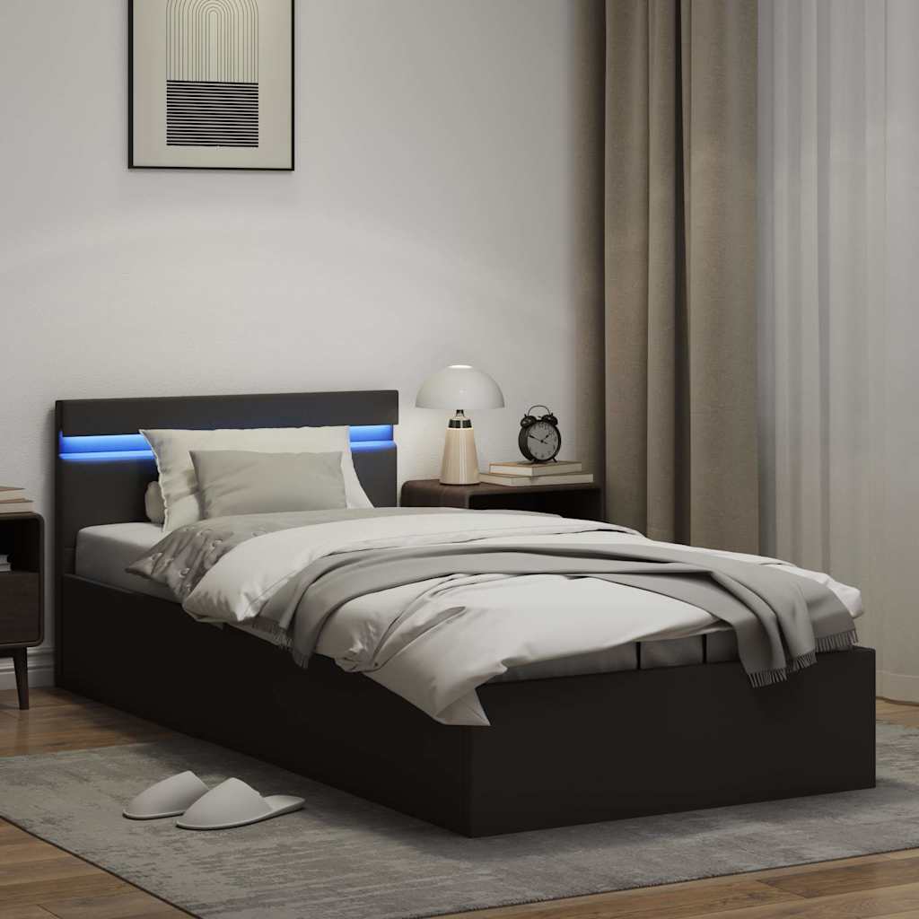 vidaXL Rama łóżka z podnośnikiem i LED, czarna, ekoskóra, 90 x 200 cm