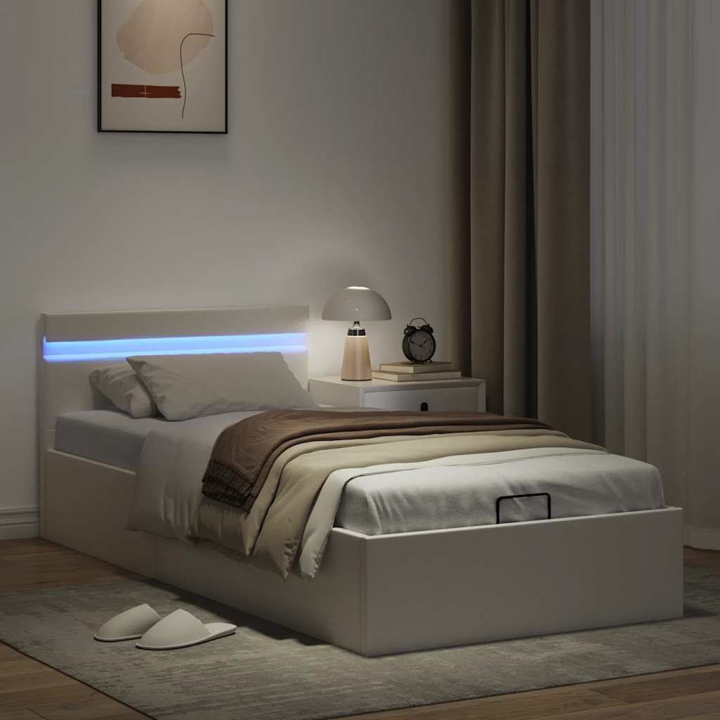 vidaXL Rama łóżka z podnośnikiem i LED, biała, ekoskóra, 90 x 200 cm