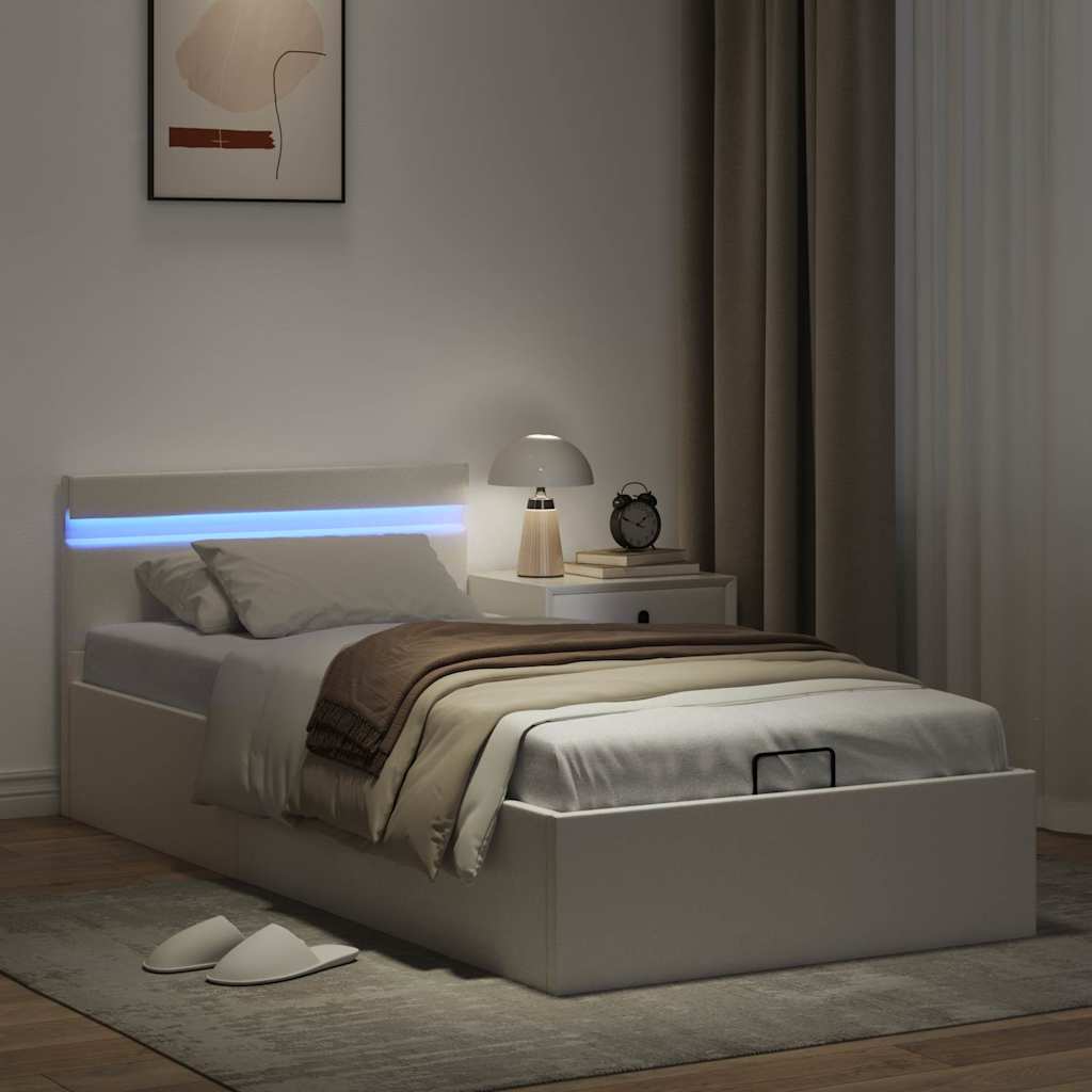 vidaXL Rama łóżka z podnośnikiem i LED, biała, ekoskóra, 100 x 200 cm