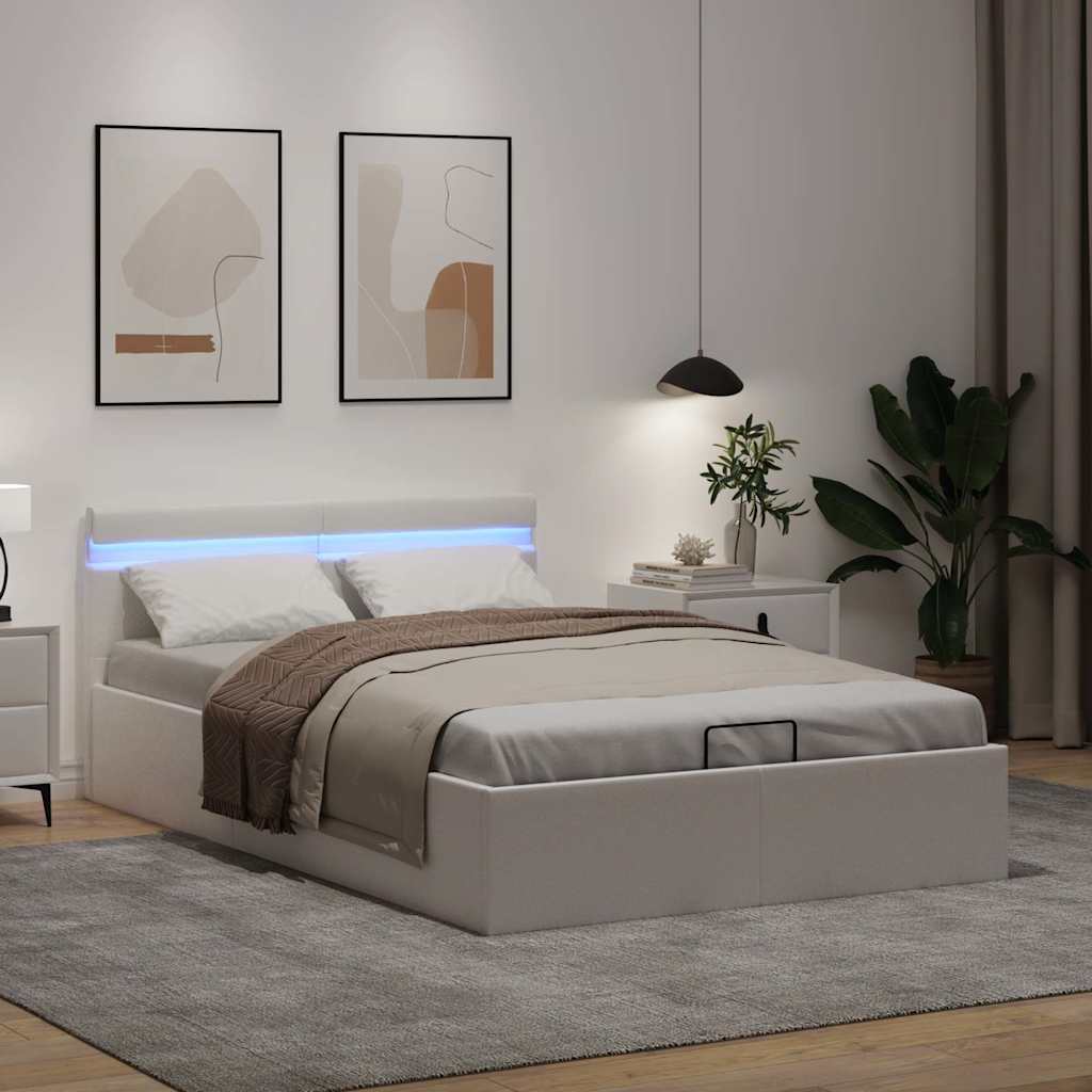 vidaXL Rama łóżka z podnośnikiem i LED, biała, ekoskóra, 140 x 200 cm