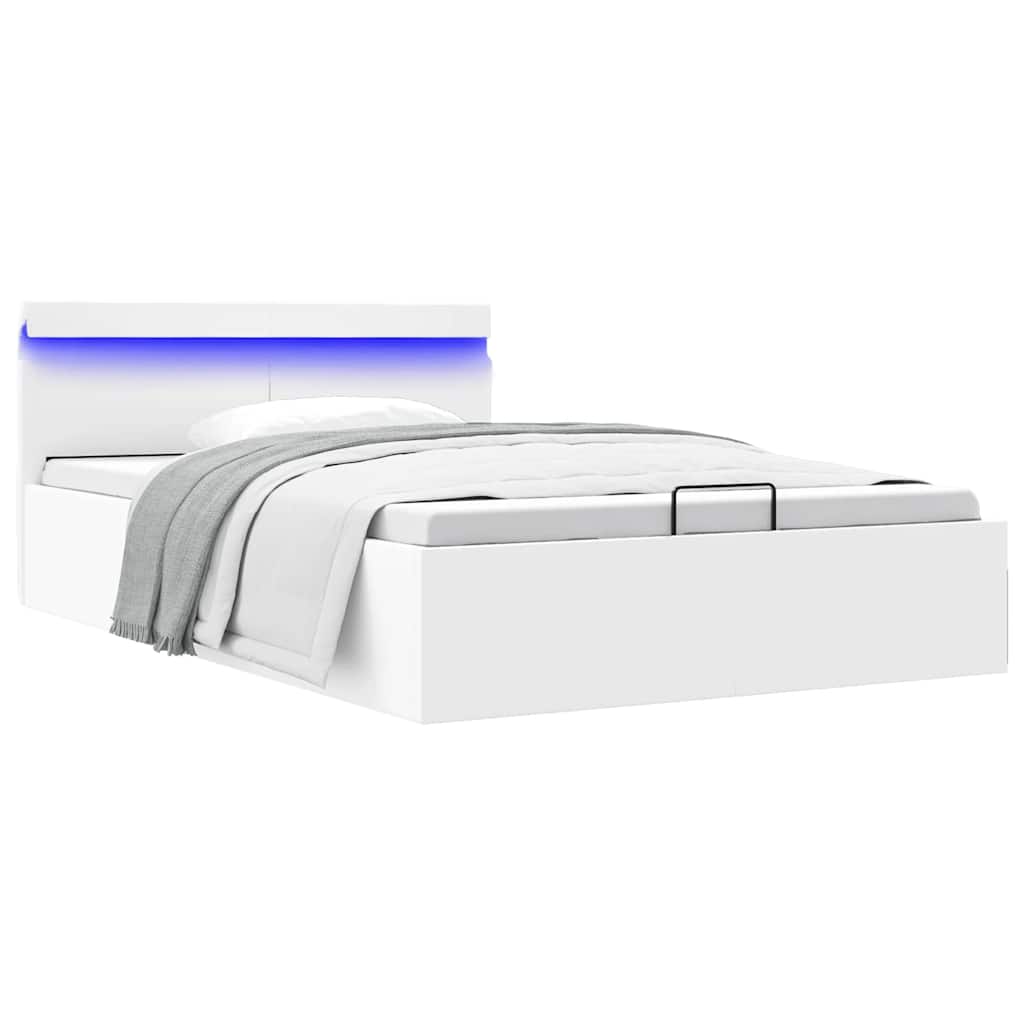vidaXL Rama łóżka z podnośnikiem i LED, biała, ekoskóra, 140 x 200 cm
