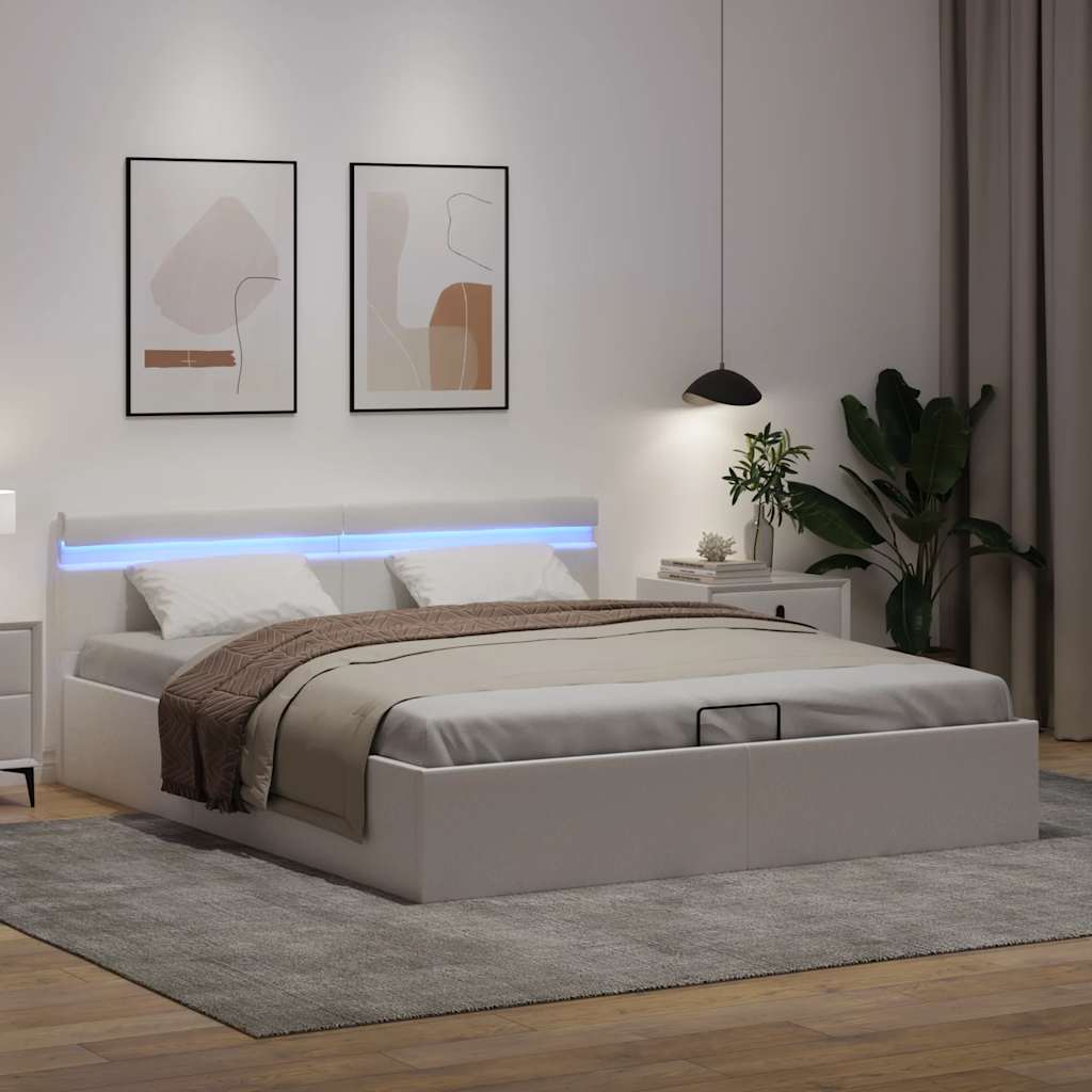 vidaXL Rama łóżka z podnośnikiem i LED, biała, ekoskóra, 160 x 200 cm