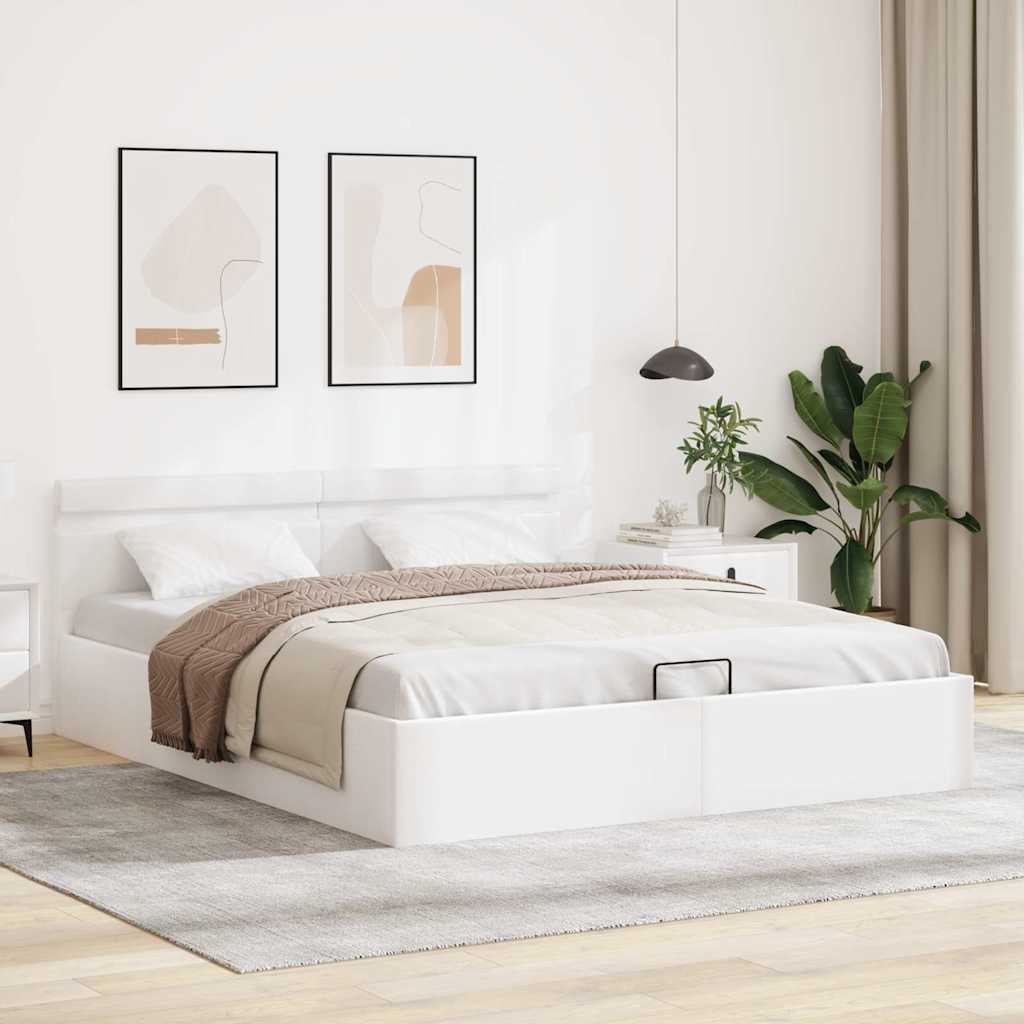 vidaXL Rama łóżka z podnośnikiem i LED, biała, ekoskóra, 180 x 200 cm