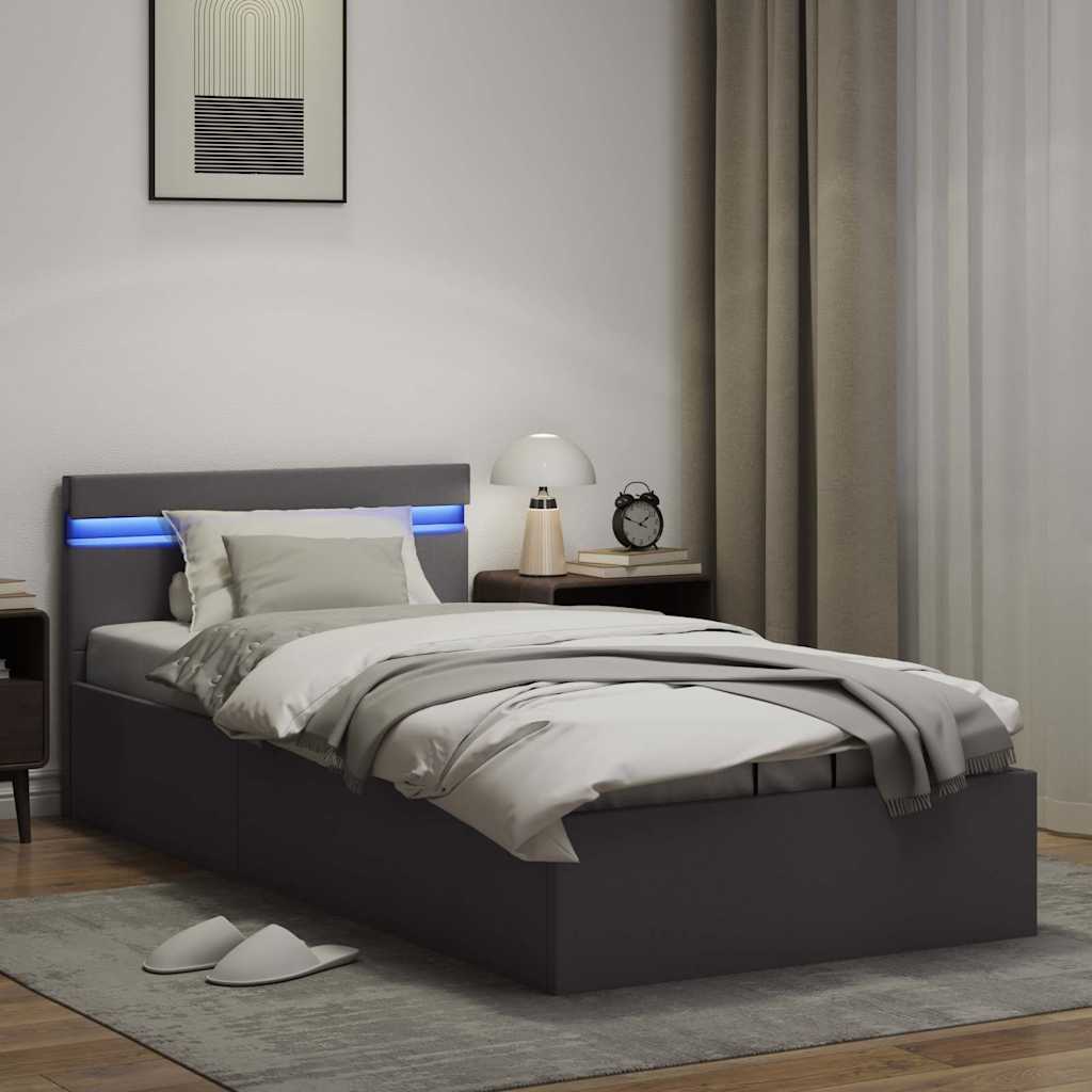 vidaXL Rama łóżka z podnośnikiem i LED, szara, ekoskóra, 90 x 200 cm