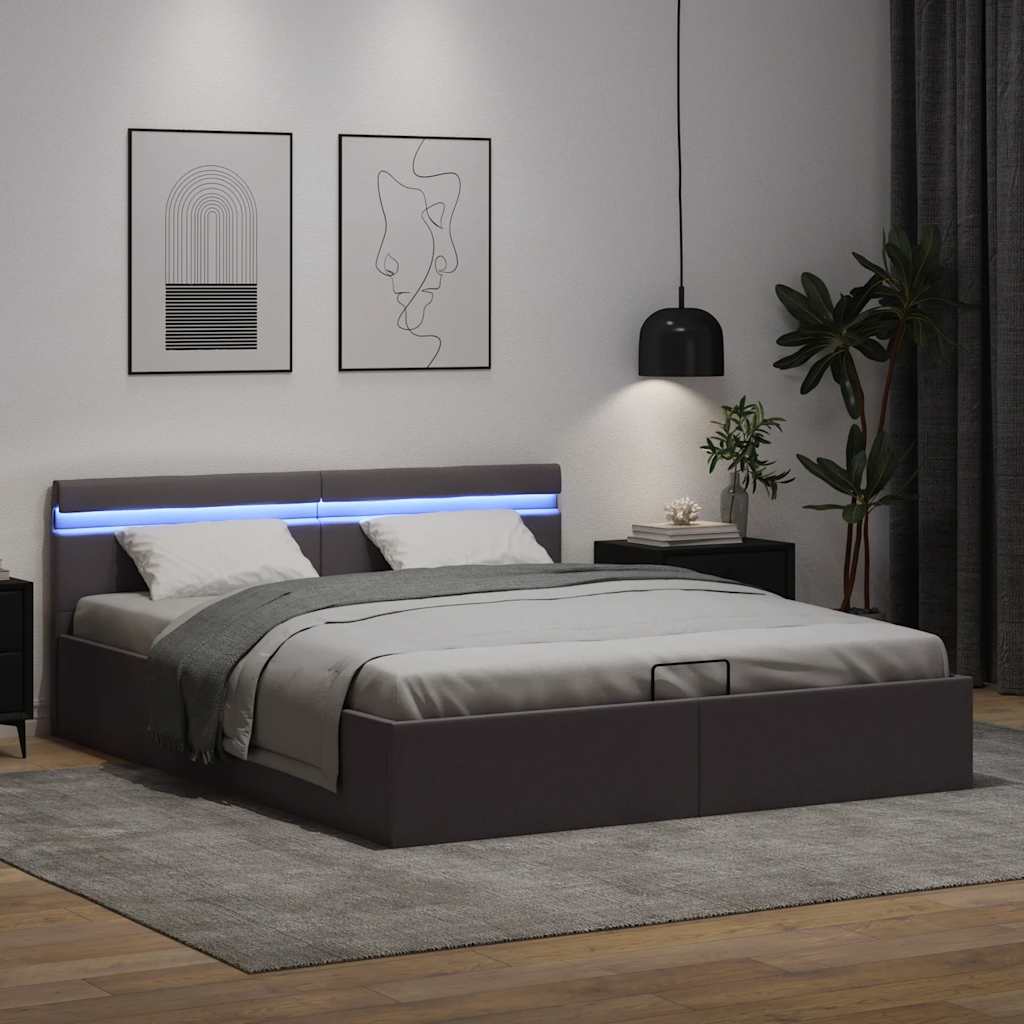 vidaXL Rama łóżka z podnośnikiem i LED, szara, ekoskóra, 160 x 200 cm