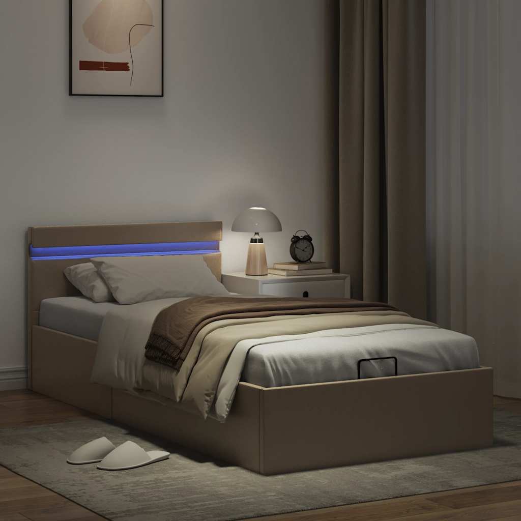 vidaXL Rama łóżka z podnośnikiem, LED, cappuccino, ekoskóra, 100x200cm