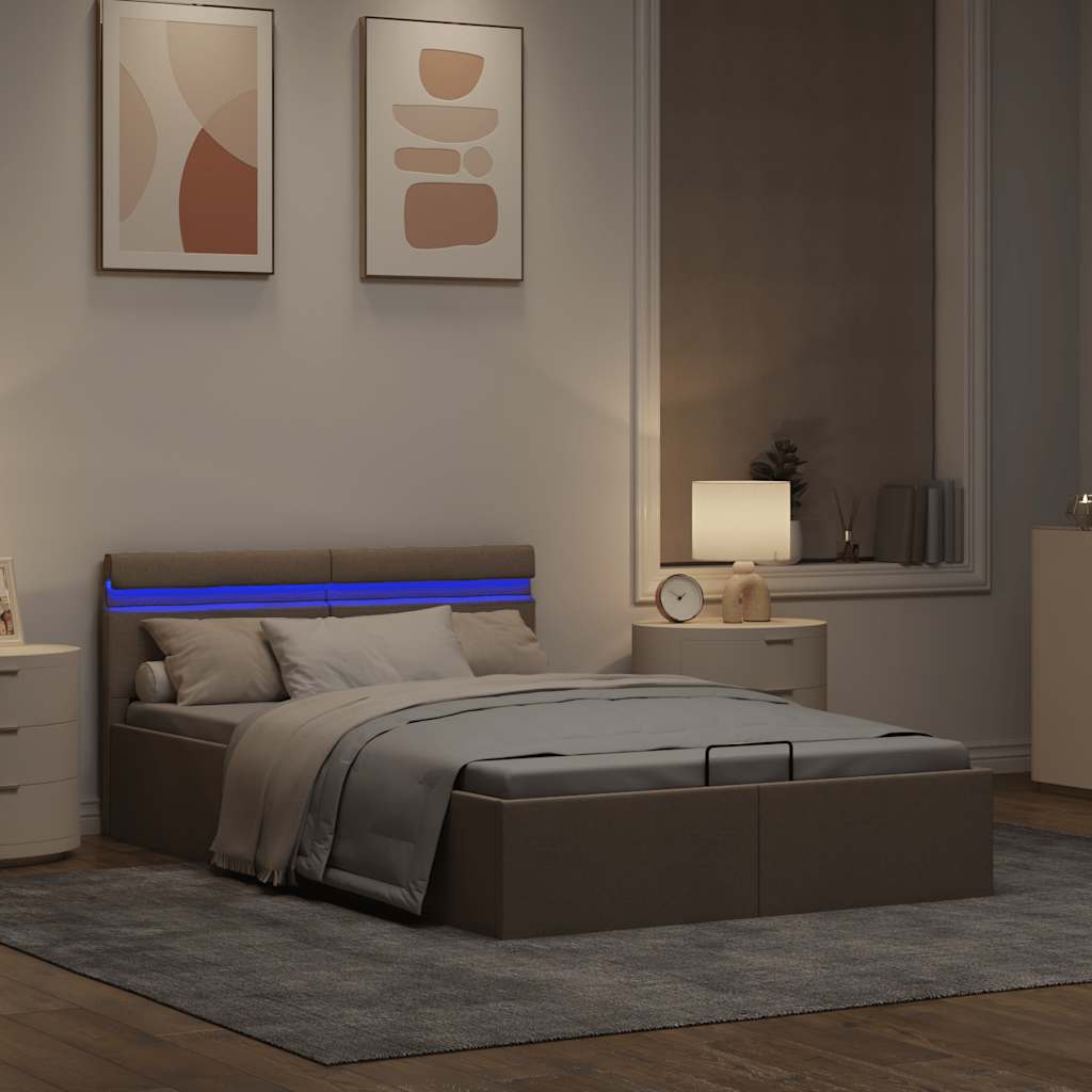 vidaXL Rama łóżka z podnośnikiem i LED, taupe, tkanina, 140 x 200 cm