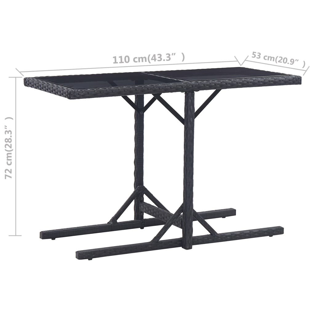 vidaXL Stół ogrodowy, czarny, 110 x 53 x 72 cm, szkło i polirattan