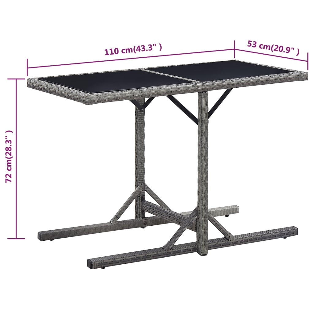 vidaXL Stół ogrodowy, antracytowy, 110x53x72 cm, szkło i polirattan