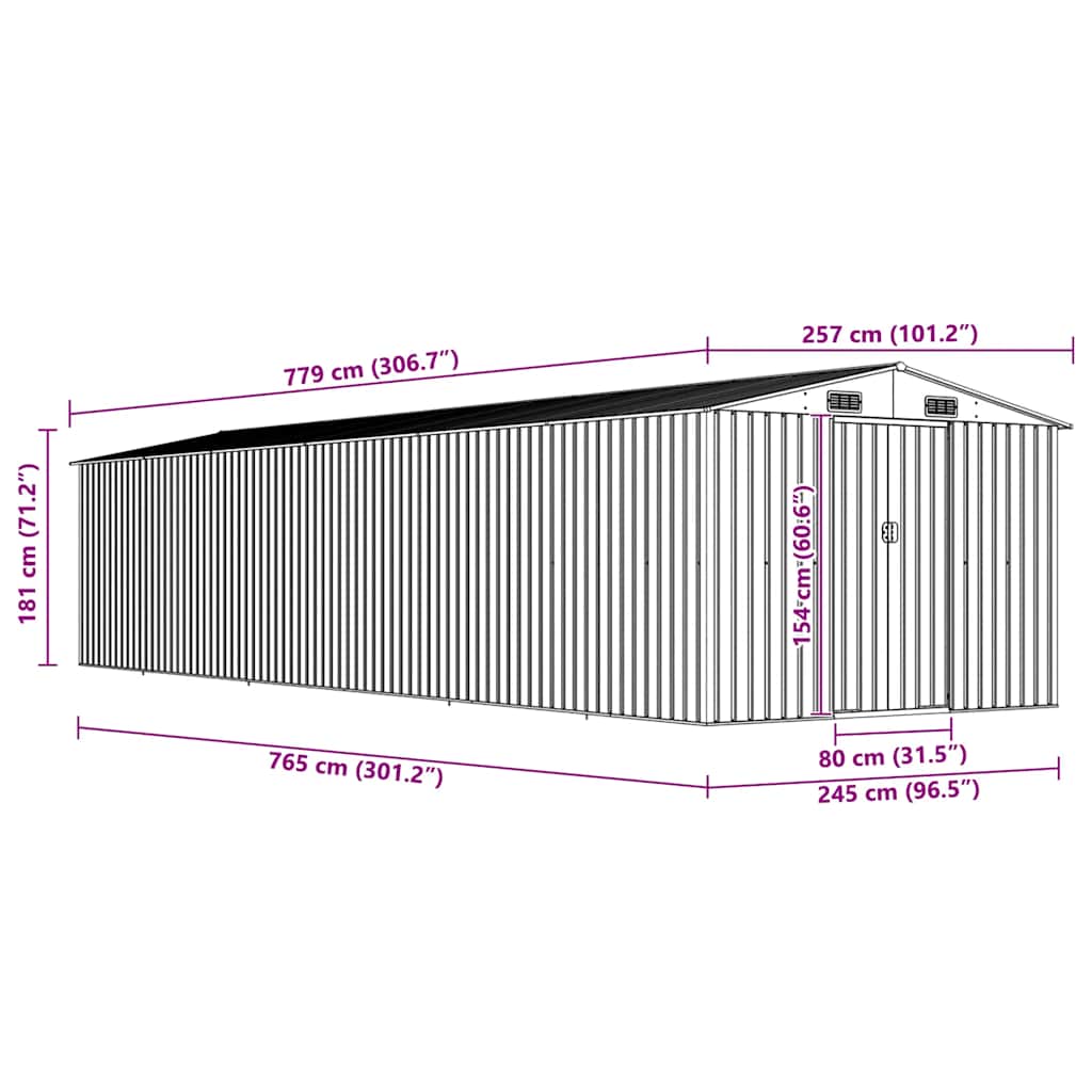 vidaXL Szopa ogrodowa, antracyt, 257x779x181 cm, stal galwanizowana