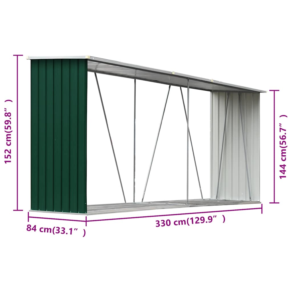 vidaXL Wiata na drewno, stal galwanizowana, 330 x 84 x 152 cm, zielona