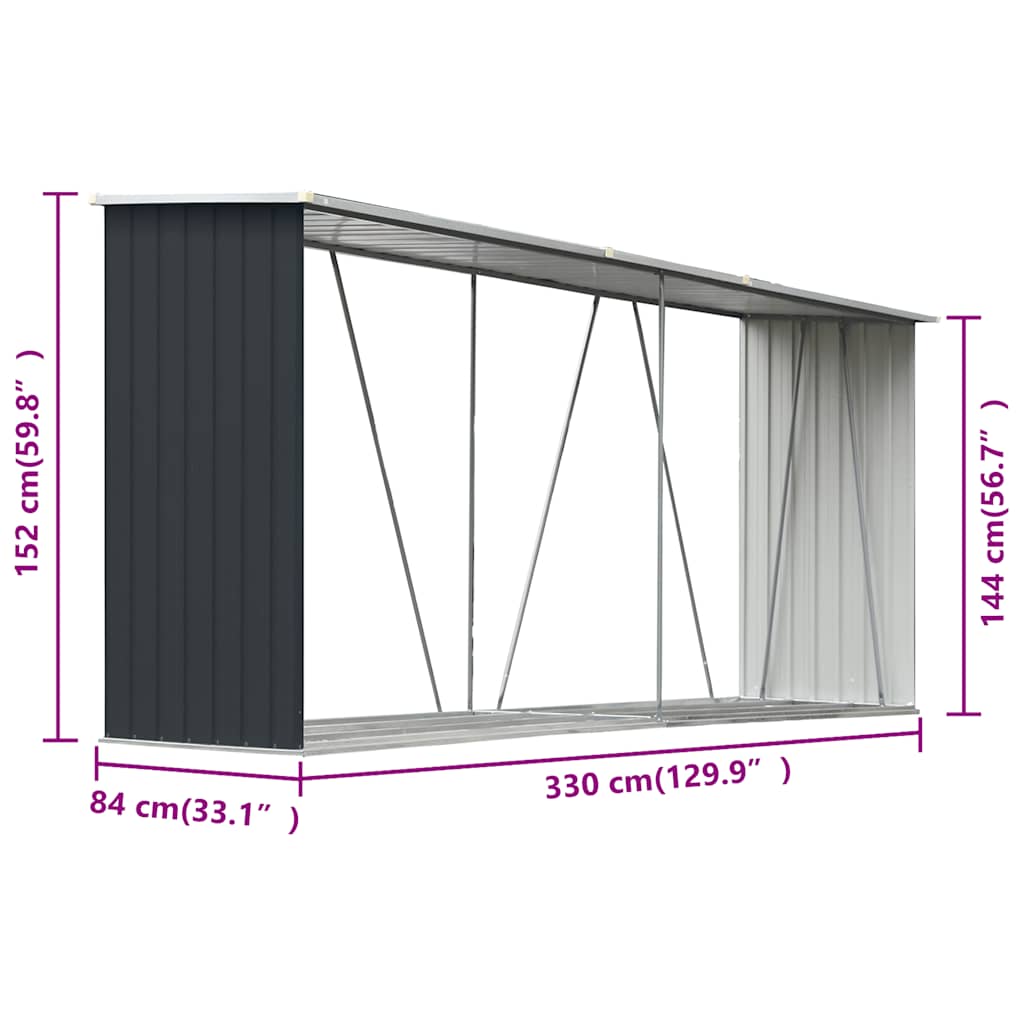 vidaXL Wiata na drewno, stal galwanizowana, 330x84x152 cm, antracytowa