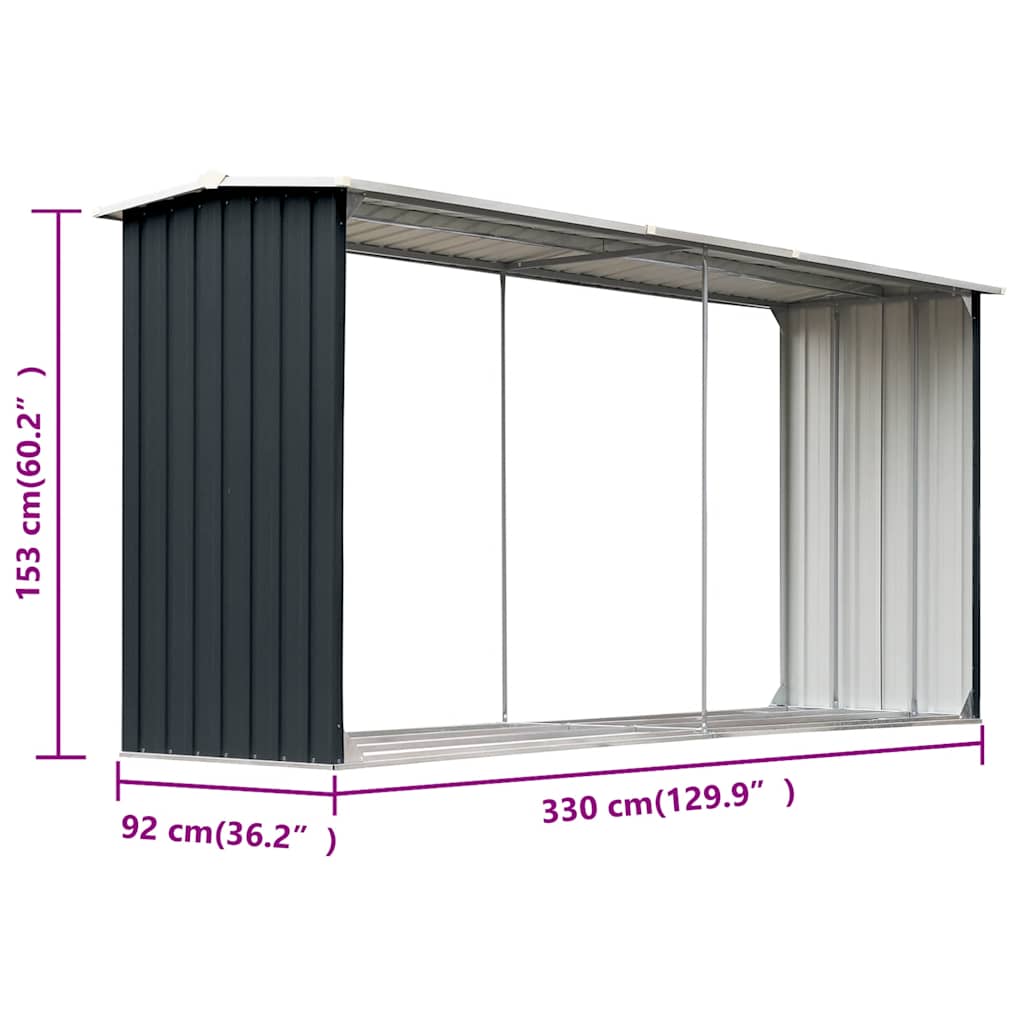vidaXL Wiata na drewno, stal galwanizowana, 330x92x153 cm, antracytowa