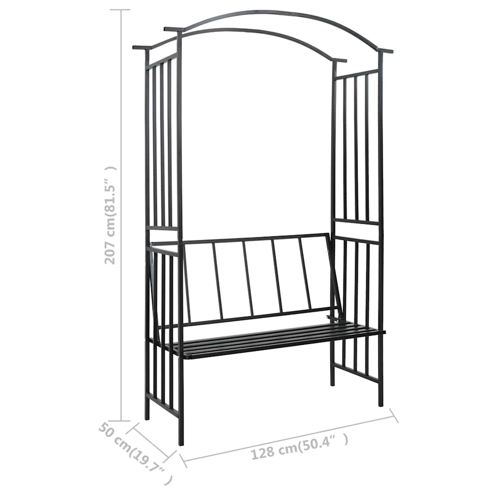 vidaXL Pergola ogrodowa z ławką, czarna, 128x50x207 cm, żelazna