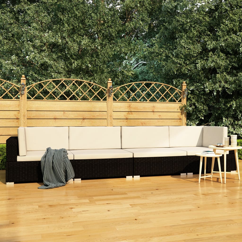 vidaXL 4-częściowa sofa ogrodowa, poduszki, rattan PE, czarna