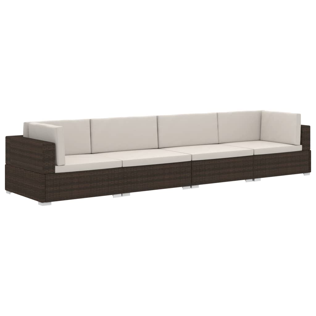 vidaXL 4-częściowa sofa do ogrodu, z poduszkami, polirattan, brązowa