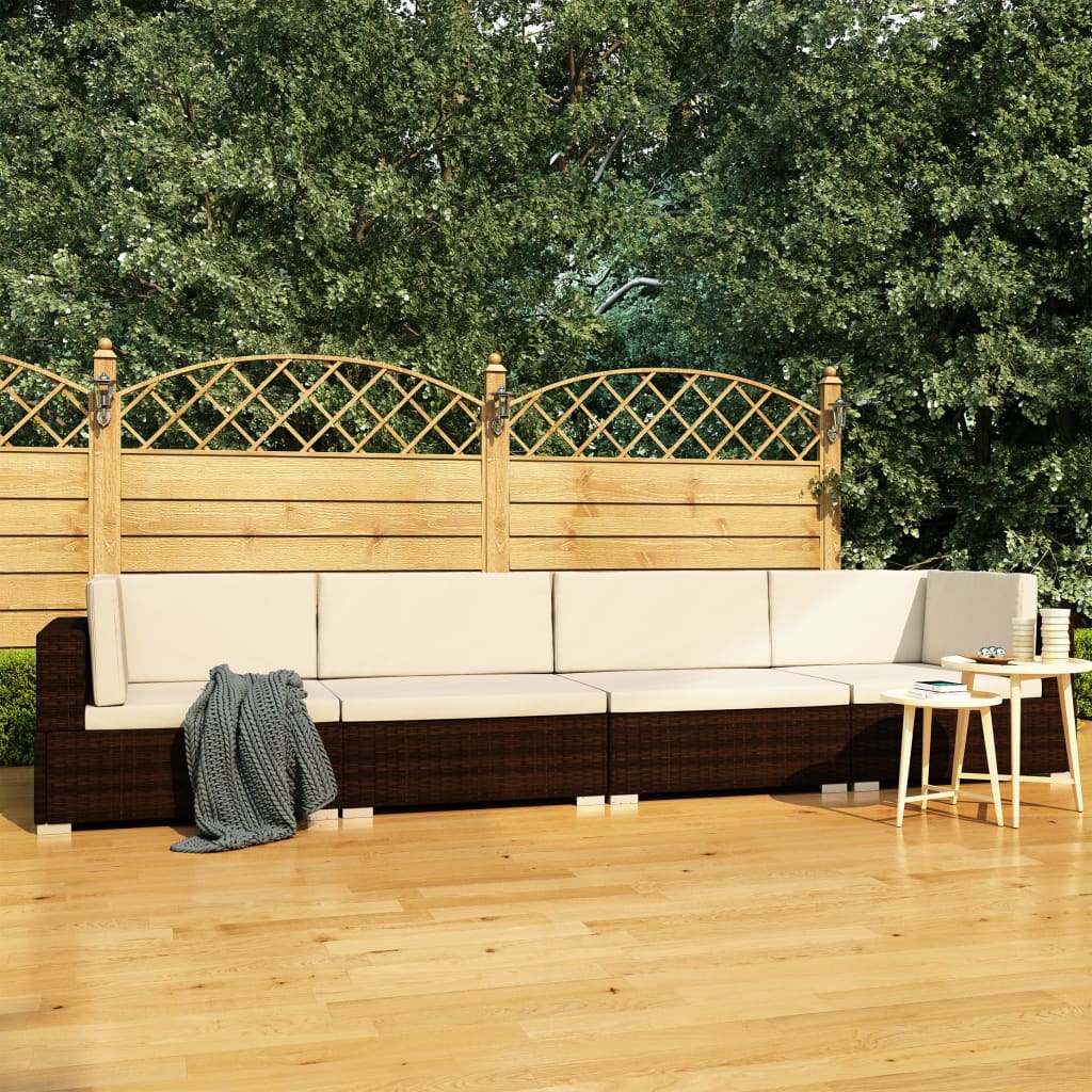 vidaXL 4-częściowa sofa do ogrodu, z poduszkami, polirattan, brązowa