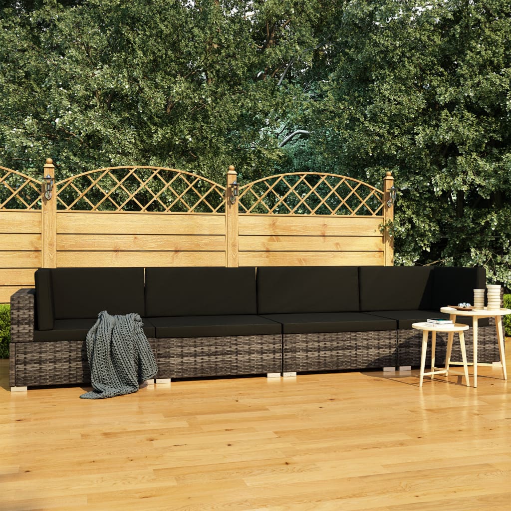 vidaXL 4-częściowa sofa do ogrodu, z poduszkami, polirattan, szara