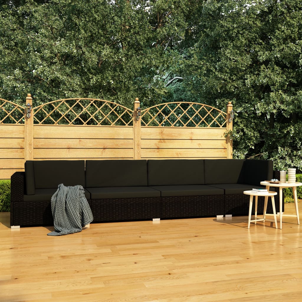vidaXL 4-częściowa sofa ogrodowa, poduszki, rattan PE, czarna