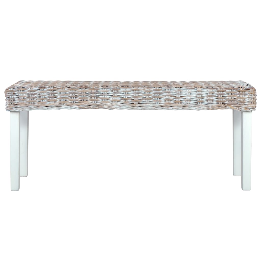 vidaXL Ławka, 110 cm, biała, rattan kubu i lite drewno mahoniowe