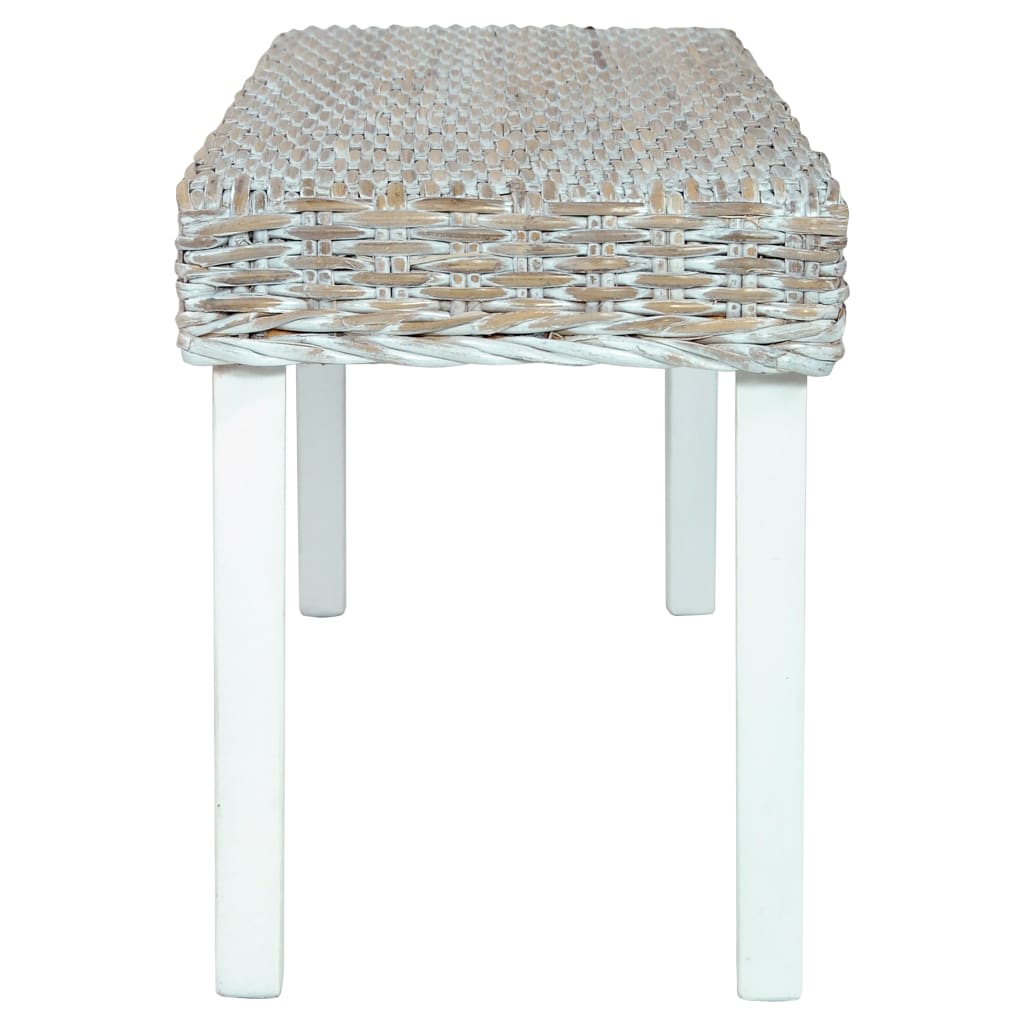 vidaXL Ławka, 110 cm, biała, rattan kubu i lite drewno mahoniowe