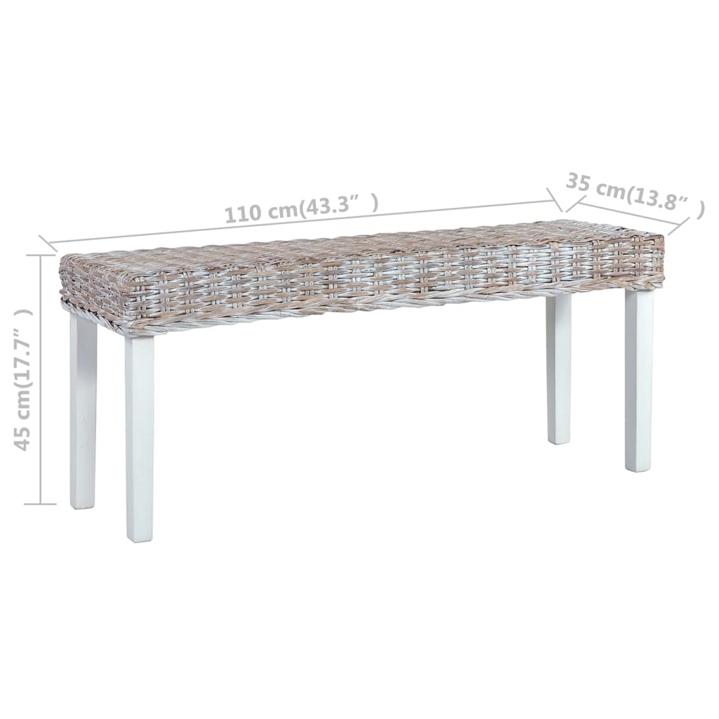 vidaXL Ławka, 110 cm, biała, rattan kubu i lite drewno mahoniowe