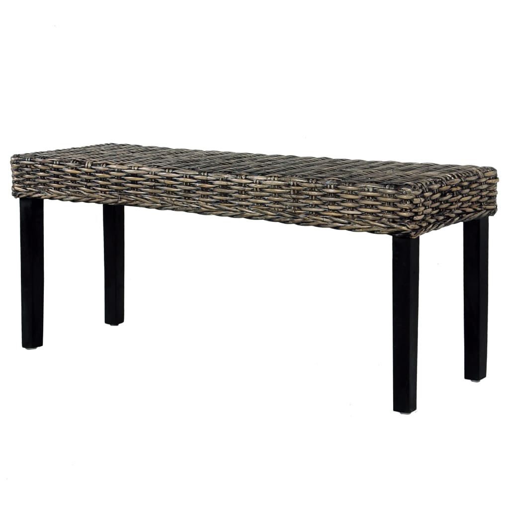 vidaXL Ławka, 110 cm, czarna, rattan kubu i lite drewno mahoniowe