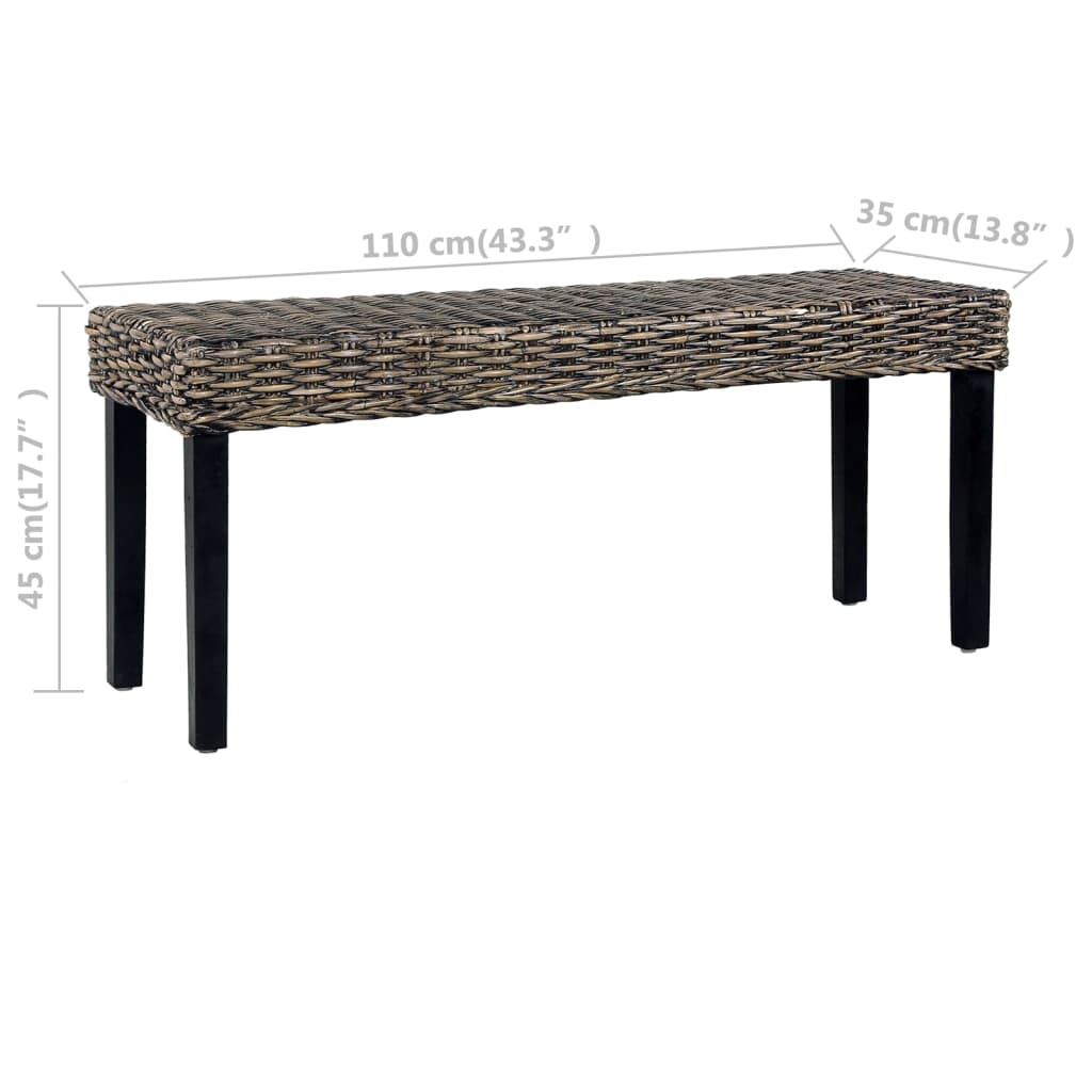vidaXL Ławka, 110 cm, czarna, rattan kubu i lite drewno mahoniowe