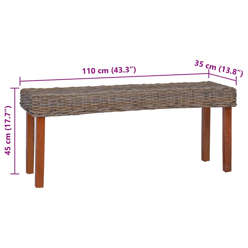 vidaXL Ławka, 110 cm, naturalny kolor, rattan kubu i lite drewno mahoniowe