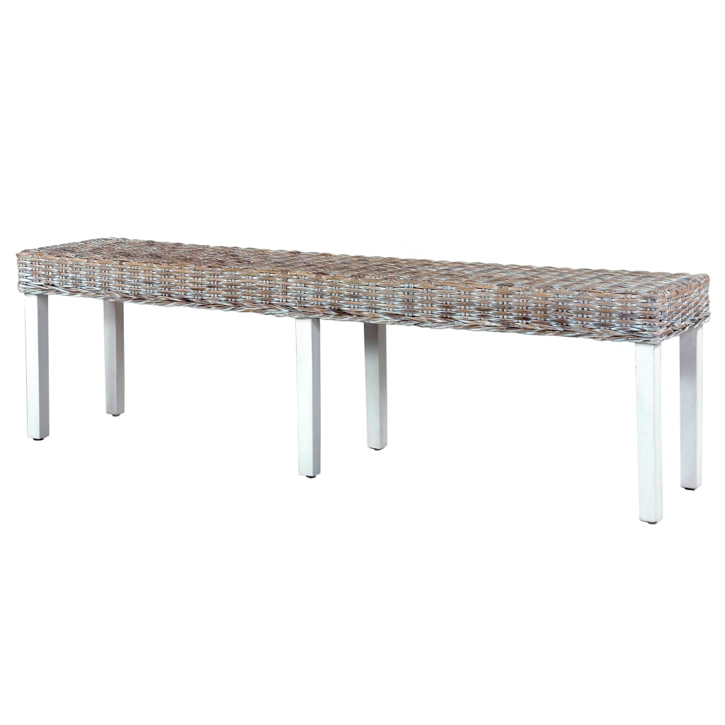 vidaXL Ławka, 160 cm, biała, naturalny rattan kubu i lite drewno mango