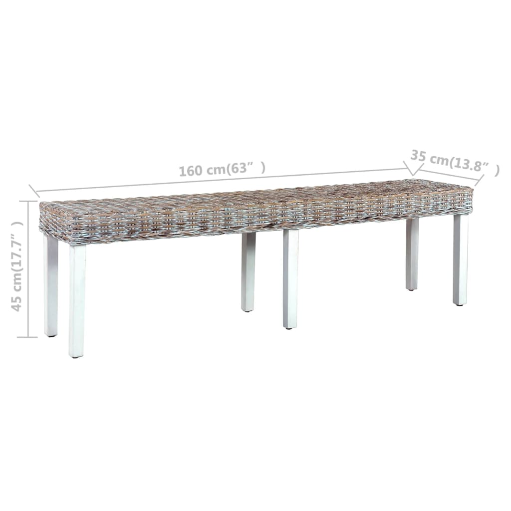 vidaXL Ławka, 160 cm, biała, naturalny rattan kubu i lite drewno mango