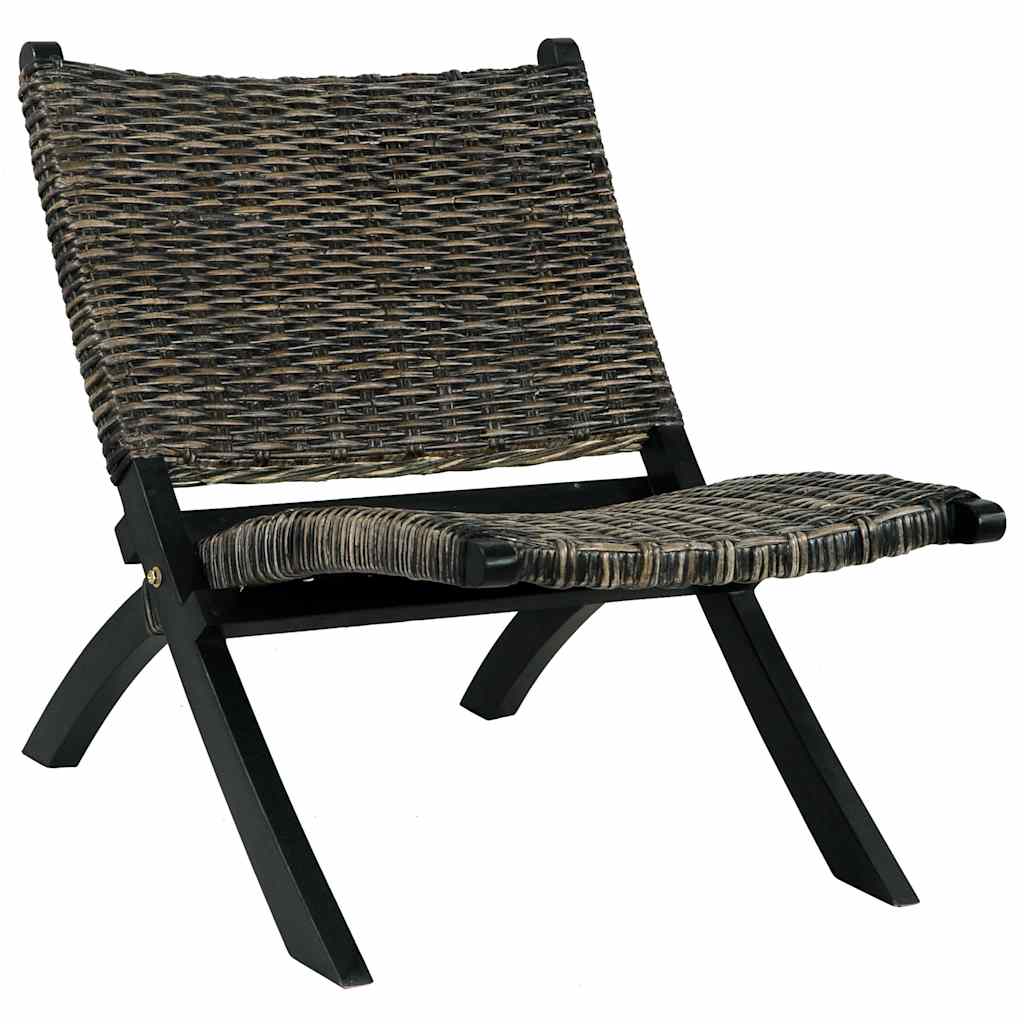 vidaXL Krzesło, czarne, naturalny rattan kubu i lite drewno mahoniowe