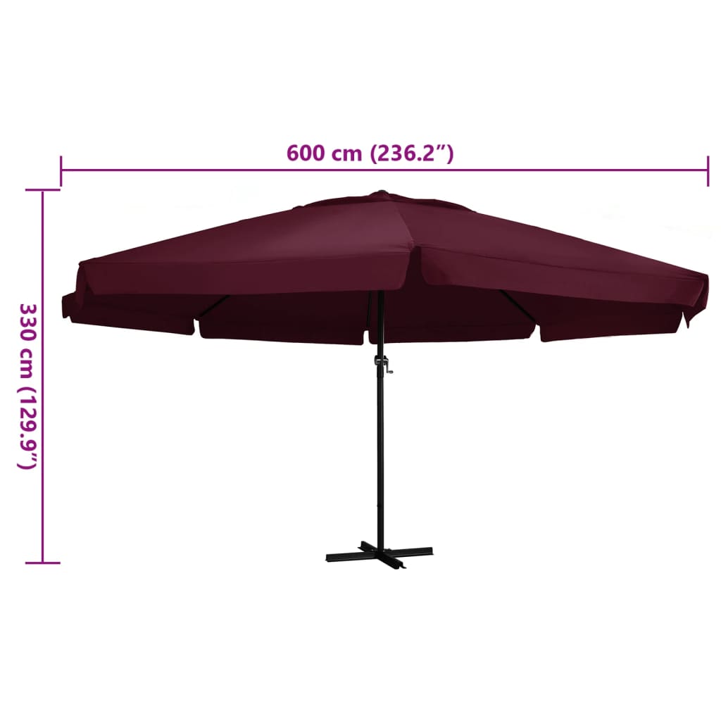 vidaXL Parasol ogrodowy na aluminiowym słupku, 600 cm, bordowy