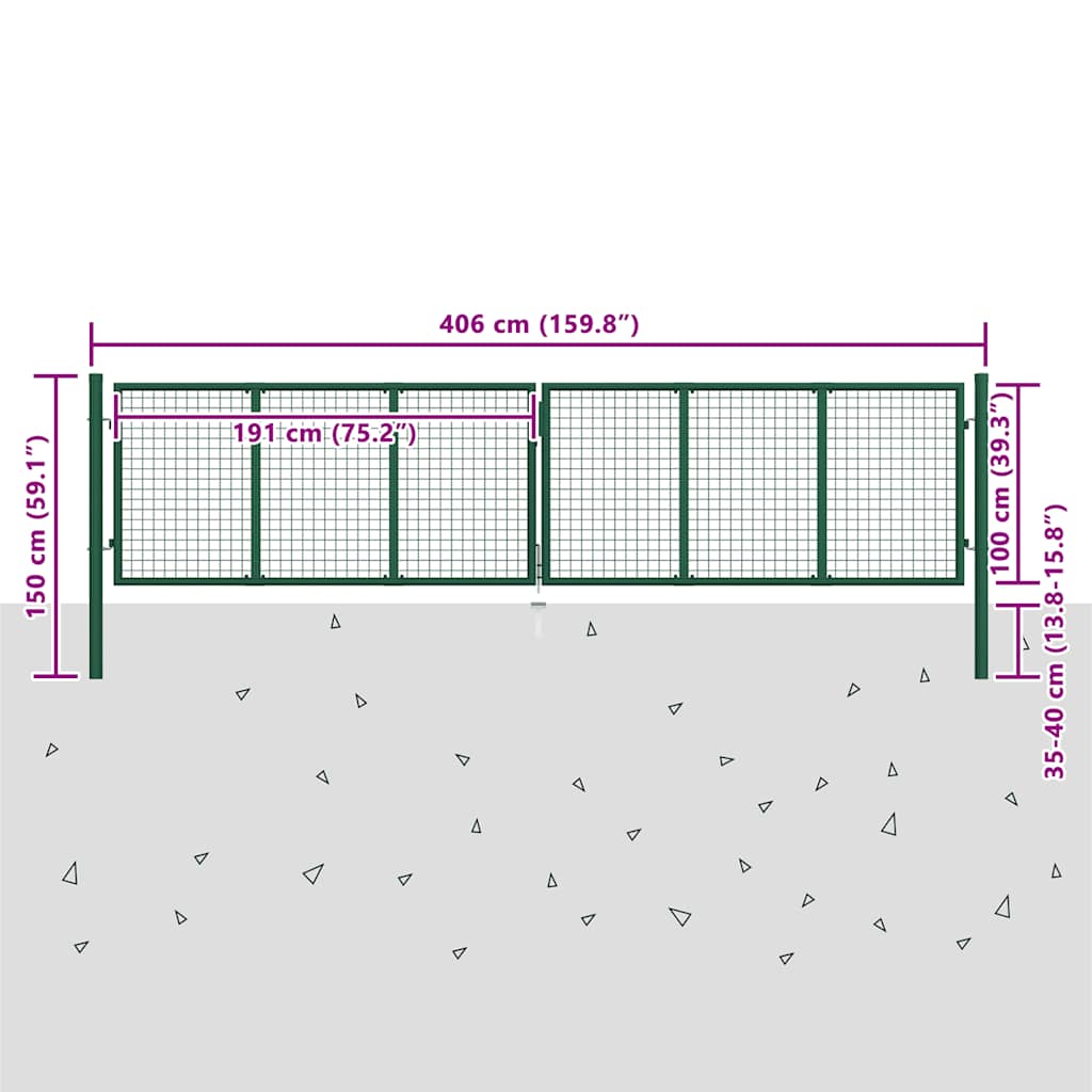 vidaXL Brama ogrodowa siatkowa stalowa 400x100 cm zielona