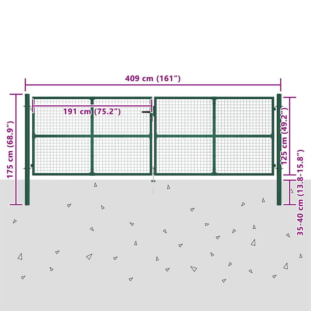 vidaXL Brama ogrodowa siatkowa stalowa 400x125 cm zielona