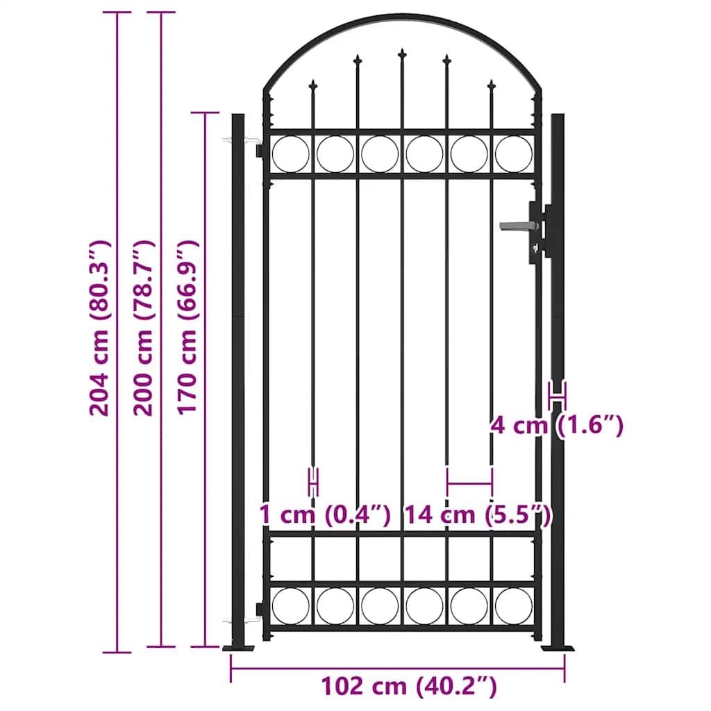 vidaXL Brama ogrodzeniowa ASSEN z łukowym zakończeniem i 2 słupkami 105x170 cm, czarna