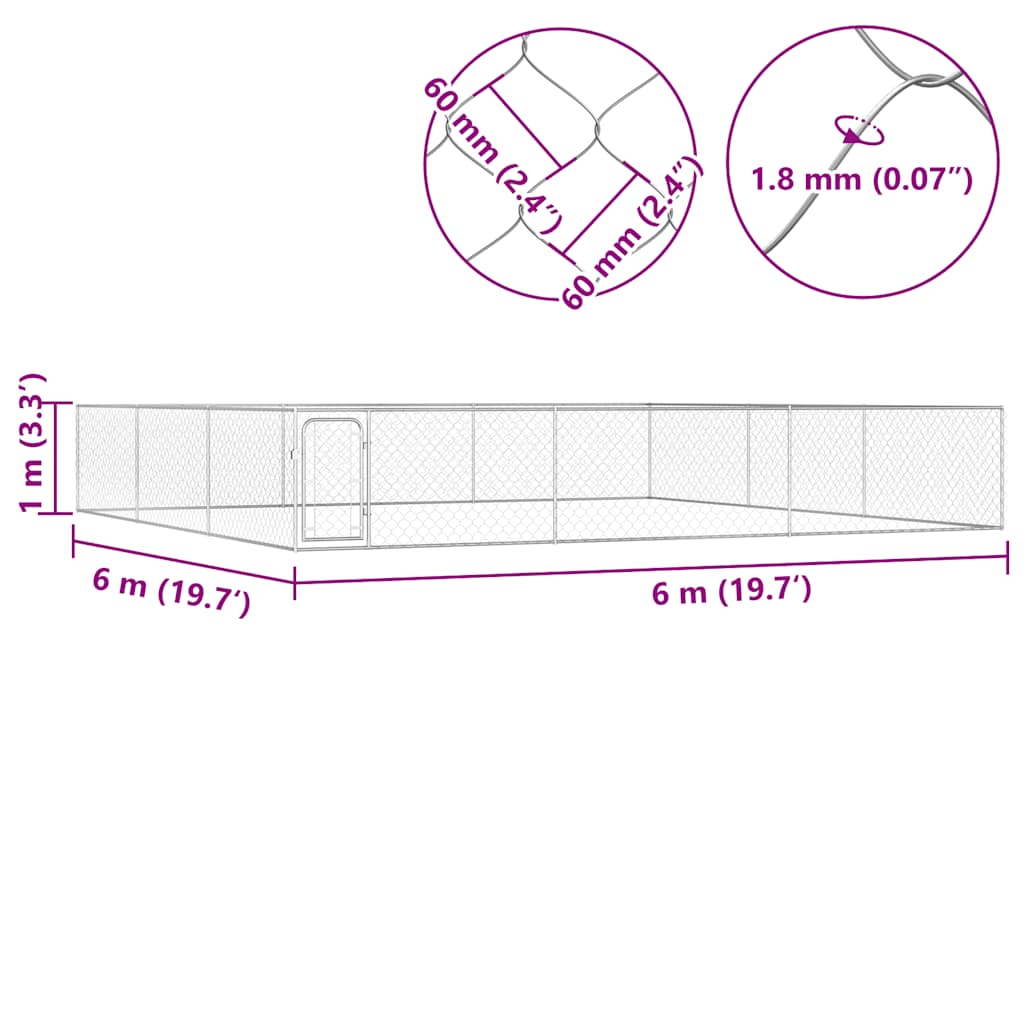 vidaXL Kojec dla psa, galwanizowana stal, 6 x 6 x 1 m