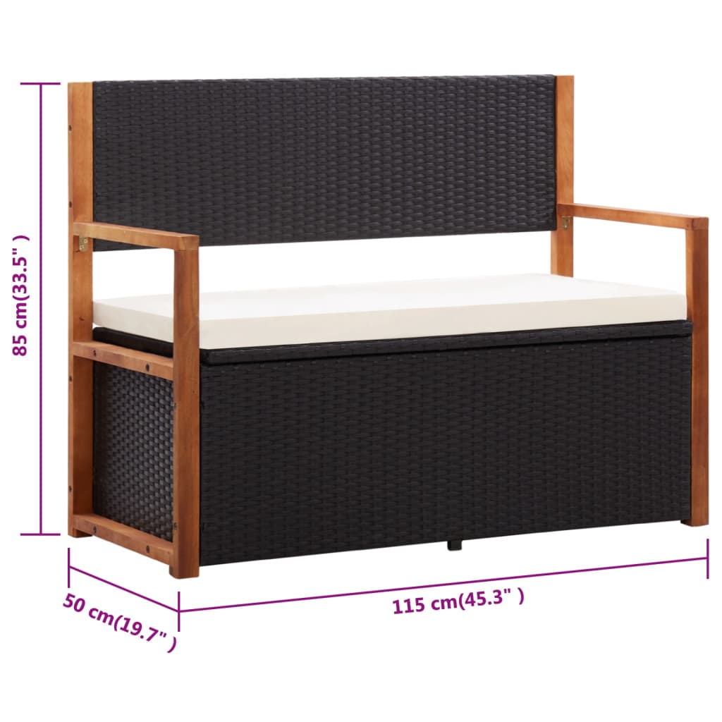 vidaXL Ławka ze schowkiem, 115 cm, rattan PE i drewno akacjowe, czarna