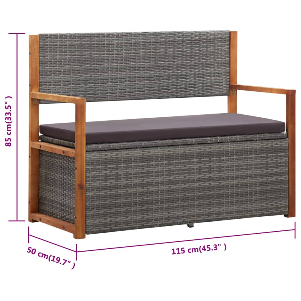 vidaXL Ławka ze schowkiem, 115 cm, rattan PE i drewno akacjowe, szara