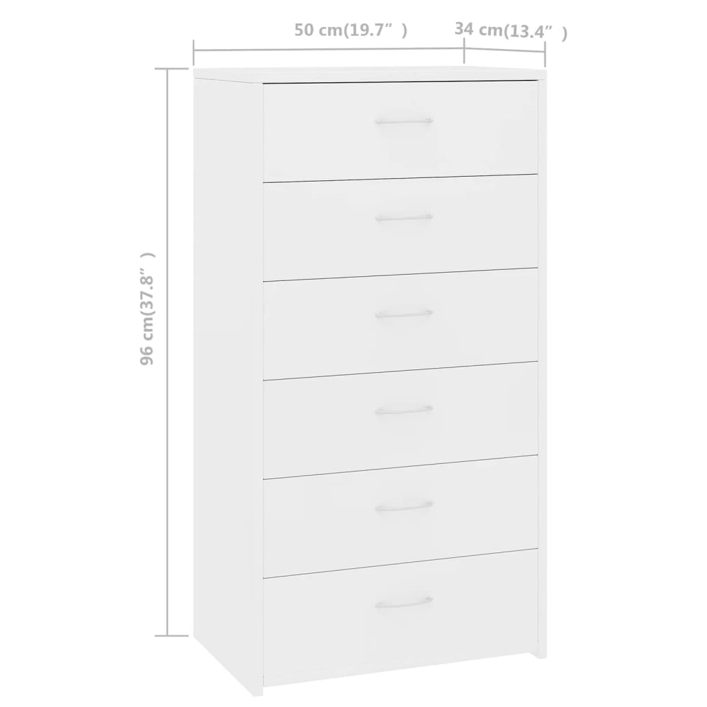 vidaXL Komoda, 6 szuflad, biała, 50x34x96 cm, materiał drewnopochodny