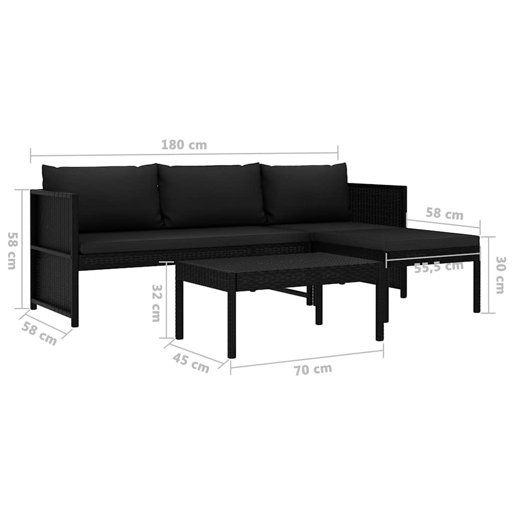 vidaXL 3-cz. zestaw wypoczynkowy do ogrodu, poduszki, rattan PE czarny
