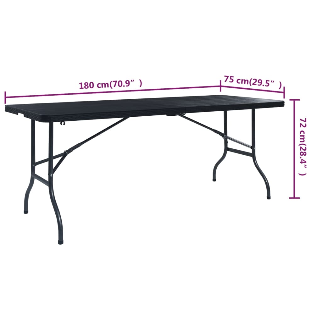 vidaXL Składany stolik, czarny 180x75x72 cm, HDPE, imitacja rattanu