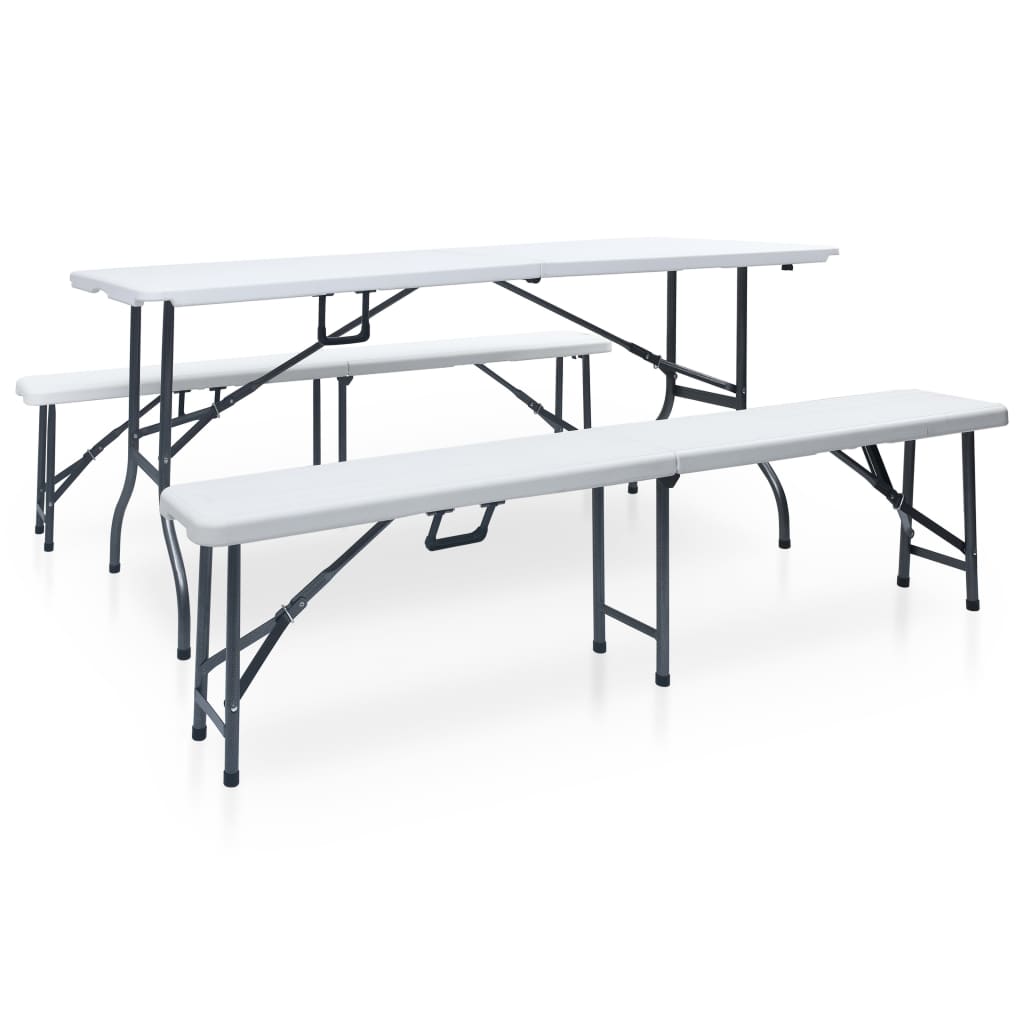 vidaXL Składany stół ogrodowy z 2 ławkami, 180 cm, stal i HDPE, biały